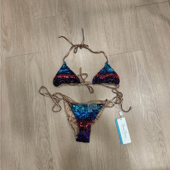 NEW Beach Bunny Ariel sequin Triangle Bikini Top and bottom in multi color ombré - Picture 9 of 13